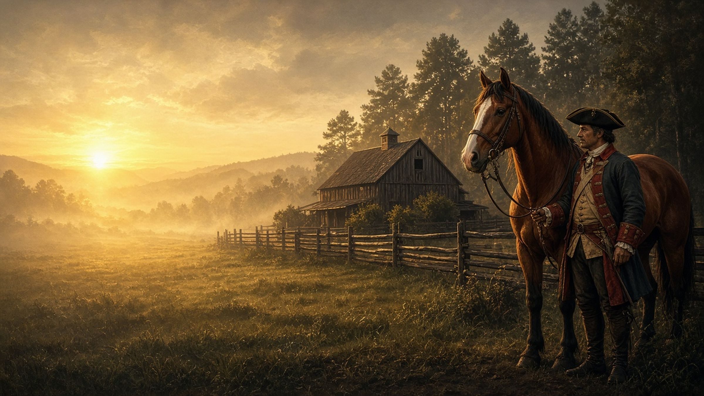 Illustration of the Minuteman Farm mascot horse and a minuteman beside a barn, with pines behind.